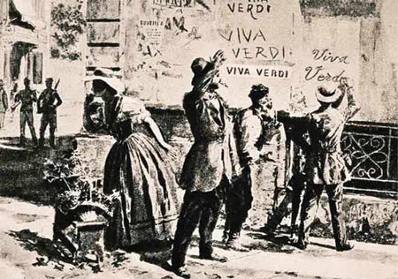 Gravure représentant un graffiti Viva Verdi sur un mur d'Italie