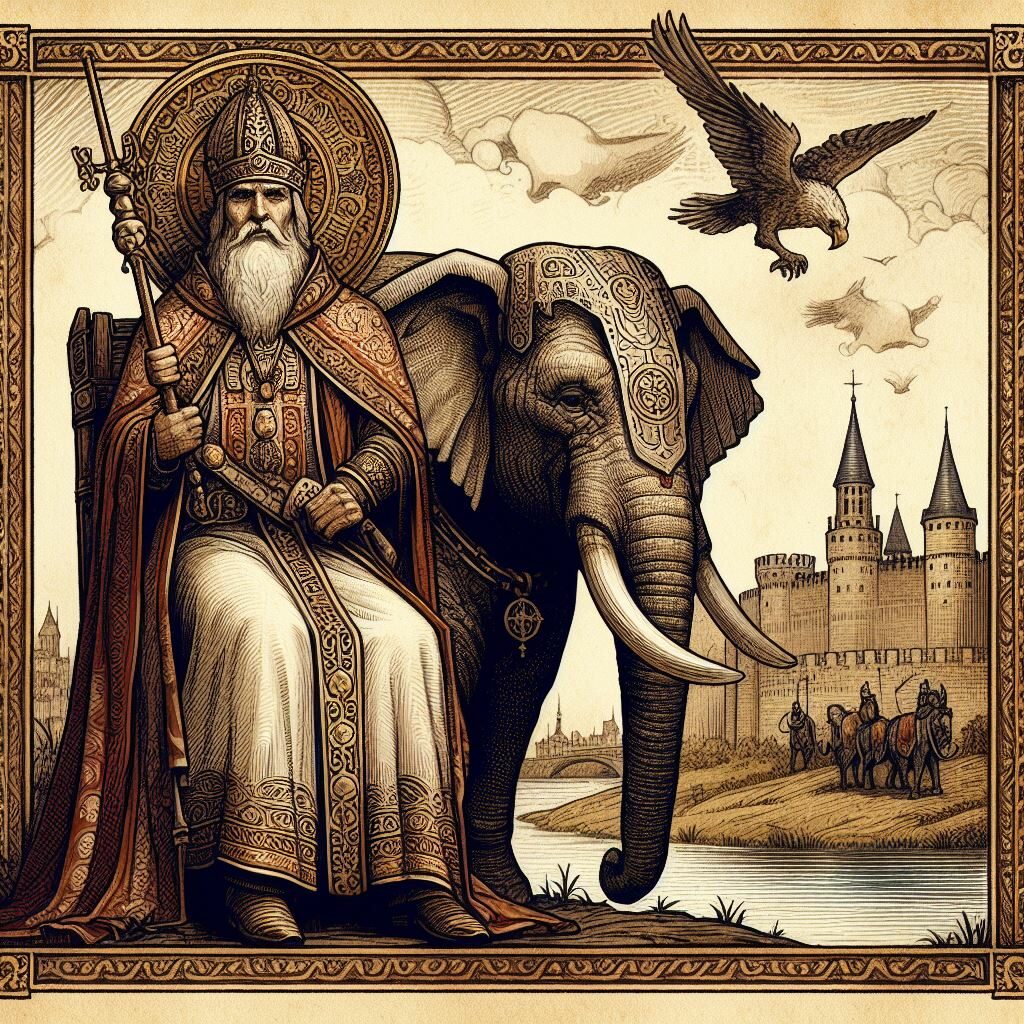 Une gravure imaginaire de Charlemagne avec son éléphant blanc.